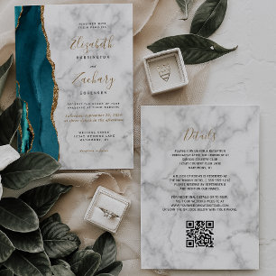 Modern Teal Gold Agate Marble QR Code Wedding Invitation