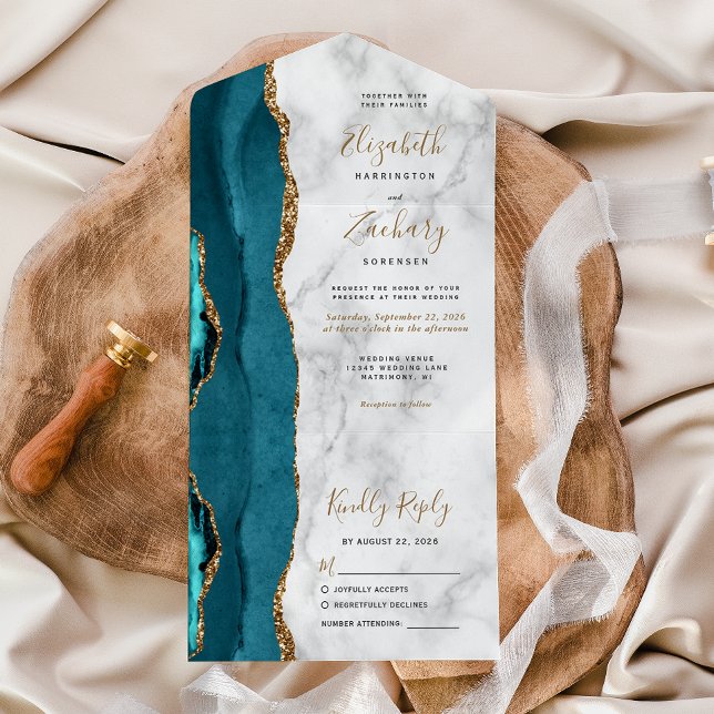 Modern Teal Gold Agate Marble Wedding All In One Invitation (Creator Uploaded)