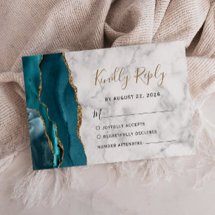 Modern Teal Gold Agate Marble Wedding RSVP Card
