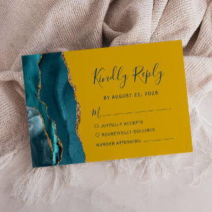 Modern Teal Gold Agate Mustard Wedding RSVP Card