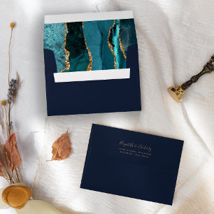Modern Teal Gold Agate Navy Blue Wedding Envelope