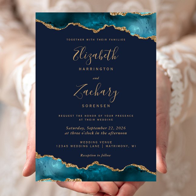 Modern Teal Gold Agate Navy Blue Wedding Invitation (Creator Uploaded)