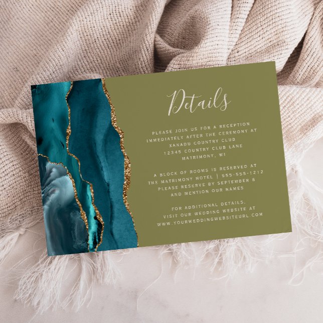 Modern Teal Gold Agate Olive Green Wedding Details Enclosure Card (Creator Uploaded)