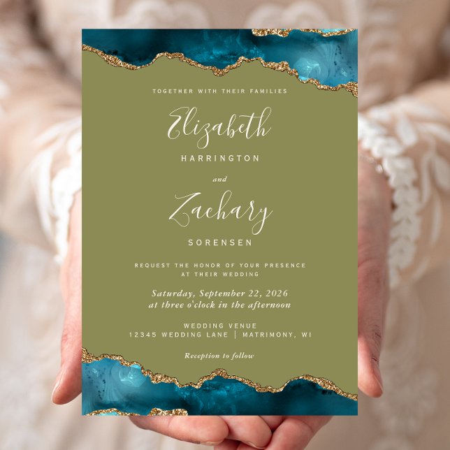 Modern Teal Gold Agate Olive Green Wedding Invitation (Creator Uploaded)