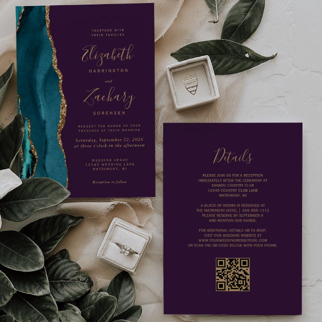 Modern Teal Gold Agate Purple QR Code Wedding Invitation (Creator Uploaded)