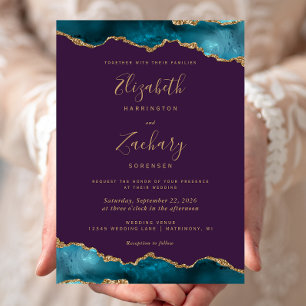 Modern Teal Gold Agate Purple Wedding Invitation