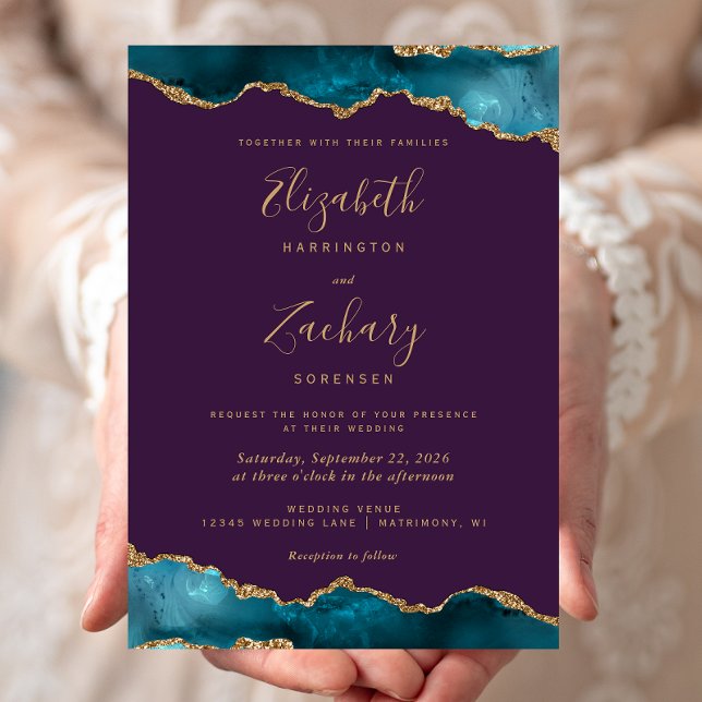 Modern Teal Gold Agate Purple Wedding Invitation (Creator Uploaded)
