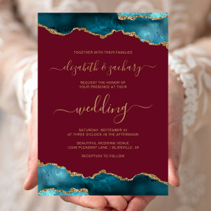 Modern Teal Gold Agate Script Burgundy Wedding Invitation