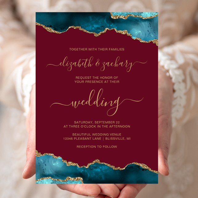 Modern Teal Gold Agate Script Burgundy Wedding Invitation (Creator Uploaded)