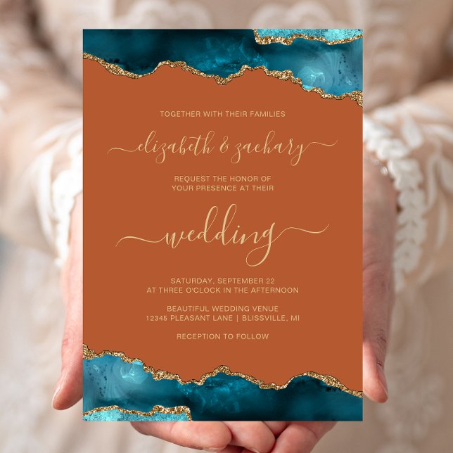 Modern Teal Gold Agate Script Burnt Orange Wedding Invitation (Creator Uploaded)
