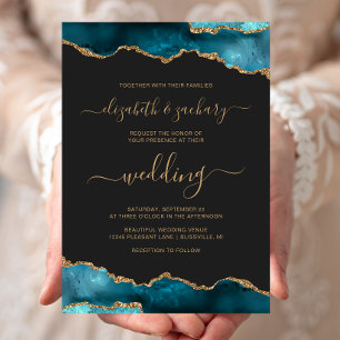 Modern Teal Gold Agate Script Dark Wedding Invitation