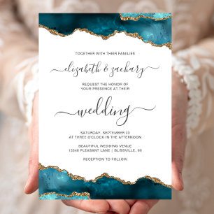 Modern Teal Gold Agate Script Wedding Invitation