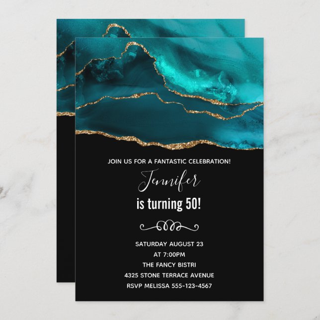 Modern Teal & Gold Agate Stone Abstract Birthday Invitation (Front/Back)