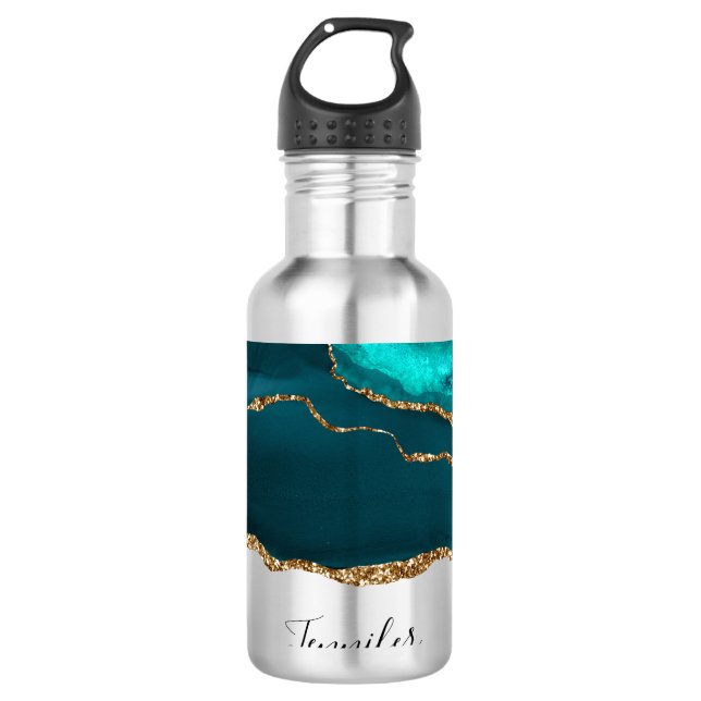 Modern Teal & Gold Agate Stone Abstract Design 710 Ml Water Bottle (Front)
