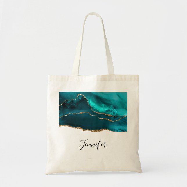 Modern Teal & Gold Agate Stone Abstract Design Tote Bag (Front)
