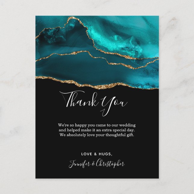 Modern Teal & Gold Agate Stone Abstract Thank You Postcard (Front)