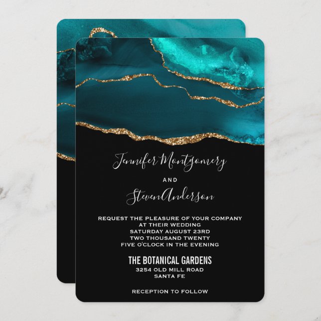 Modern Teal & Gold Agate Stone Abstract Wedding Invitation (Front/Back)