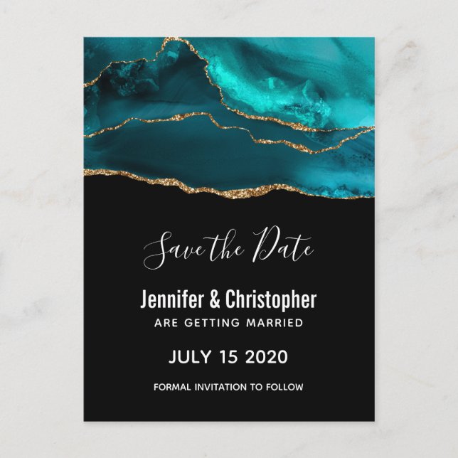 Modern Teal & Gold Agate Stone Save the Date Invitation Postcard (Front)