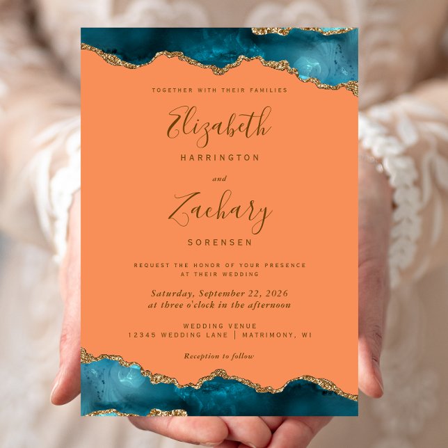 Modern Teal Gold Agate Tangerine Wedding Invitation (Creator Uploaded)