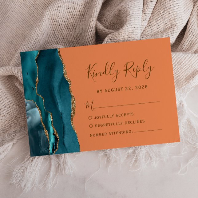 Modern Teal Gold Agate Tangerine Wedding RSVP Card (Creator Uploaded)