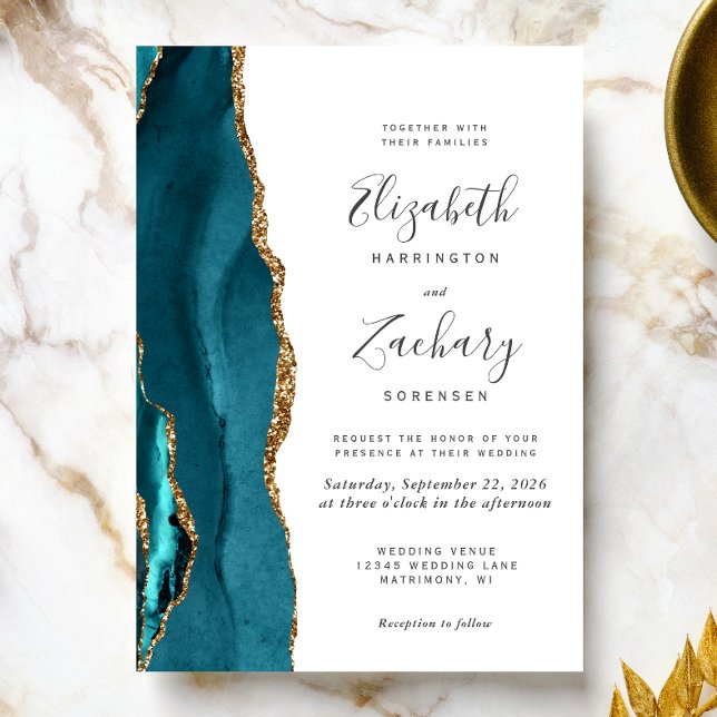 Modern Teal Gold Agate Wedding Invitation (The perfect choice for a teal and gold themed wedding.)
