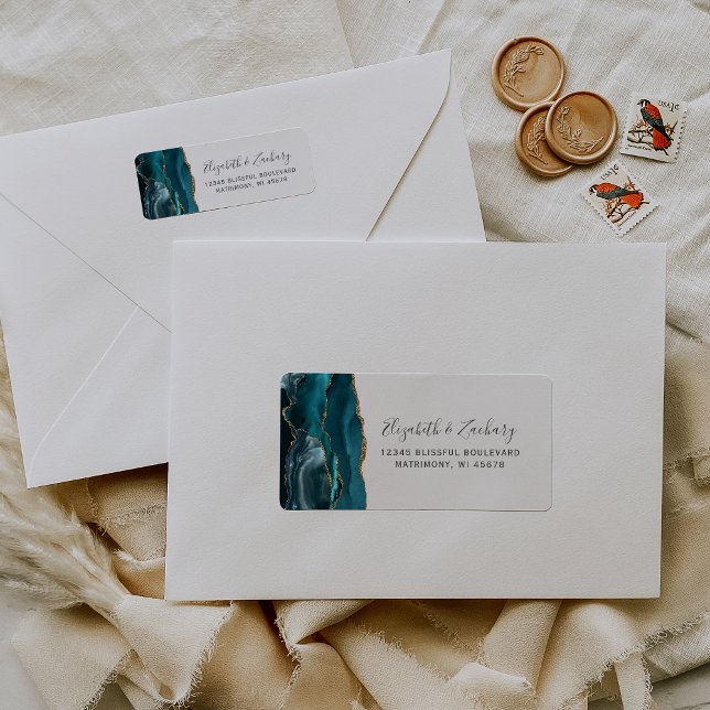 Modern Teal Gold Agate Wedding Return Address Label (Creator Uploaded)
