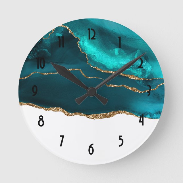 Modern Teal & Gold Agate with White Abstract Round Clock (Front)