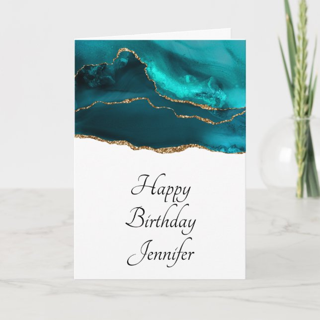Modern Teal & Gold Agate with White Birthday Card (Front)