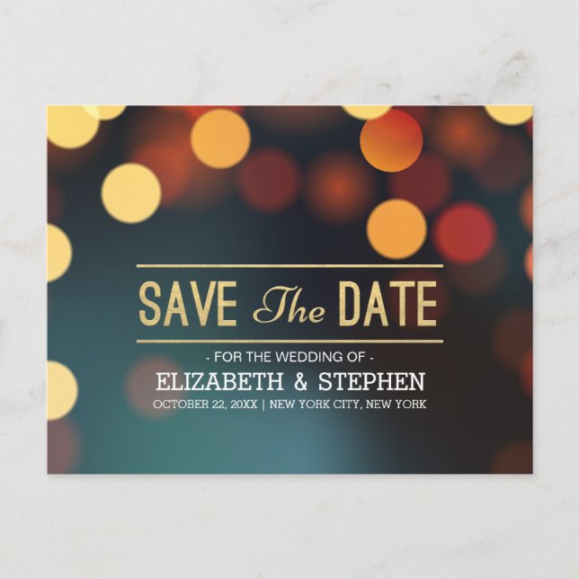Modern Teal Gold Bokeh Light Wedding Save The Date Announcement Postcard (Front)