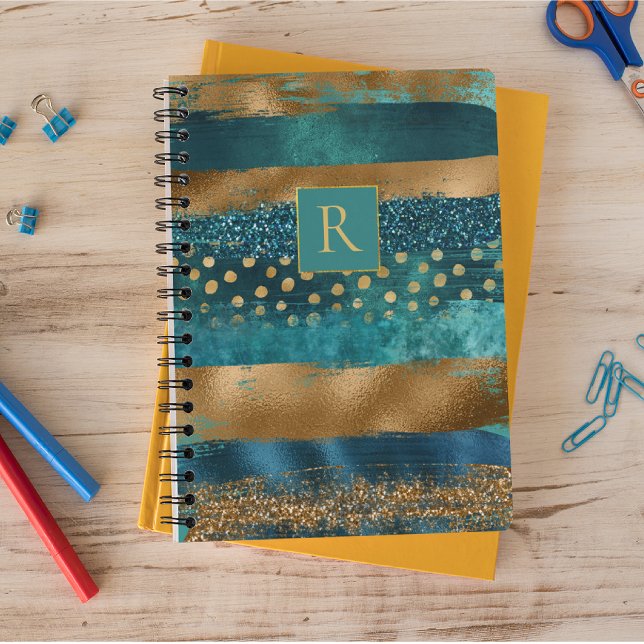 Modern teal, gold brush strokes and monogram notebook (Creator Uploaded)