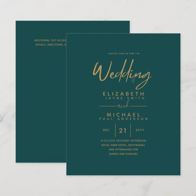 Modern Teal Gold Budget Wedding Invites (Front/Back)