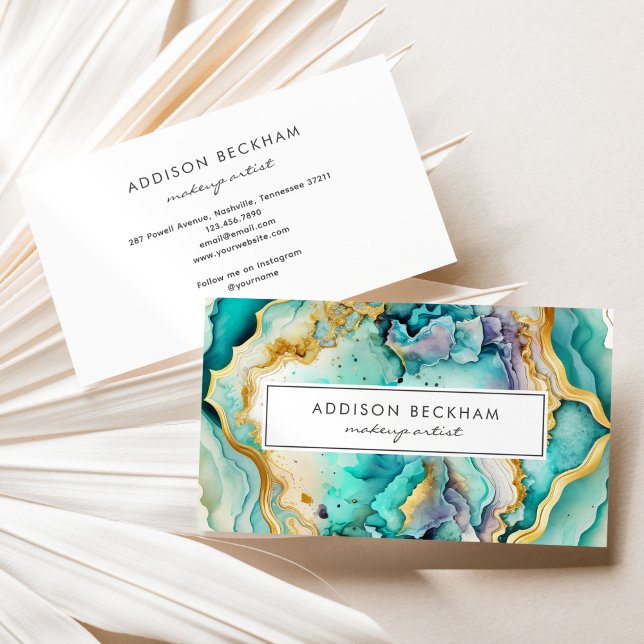 Modern Teal Gold Colourful Abstract Watercolor Business Card (Creator Uploaded)