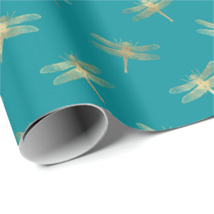 Modern Teal Gold Dragonfly Pattern Wrapping Paper