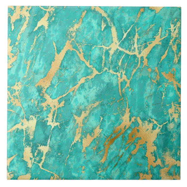 Modern Teal Gold Faux Glitter Marble Ceramic Tile (Front)