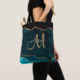Modern Teal Gold Glitter Agate Monogram Name Tote Bag