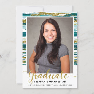 Modern Teal Gold Glitter Brush Stroke Graduation Announcement