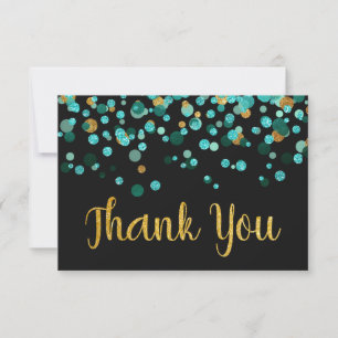 Modern Teal Gold Glitter Confetti Black Thank You Card