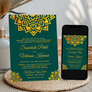 Modern Teal Gold Mandala Indian Wedding Invitation