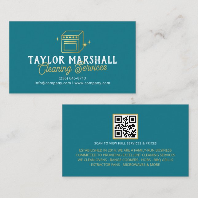 Modern Teal Gold Oven Cleaning Service Business Card (Front/Back)