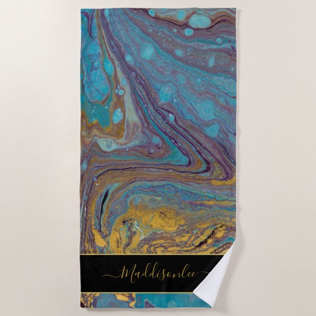 Modern Teal Gold Purple Marble Agate Monogram Name Beach Towel (Front)
