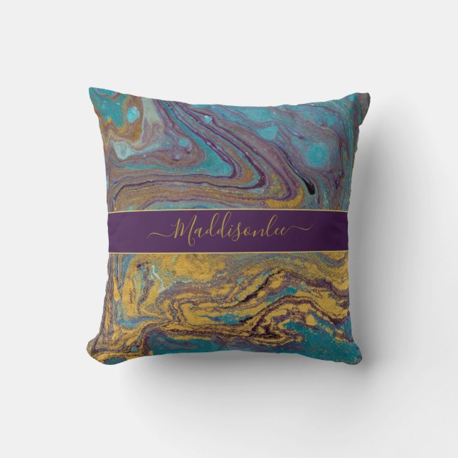 Modern Teal Gold Purple Marble Agate Monogram Name Cushion (Front)