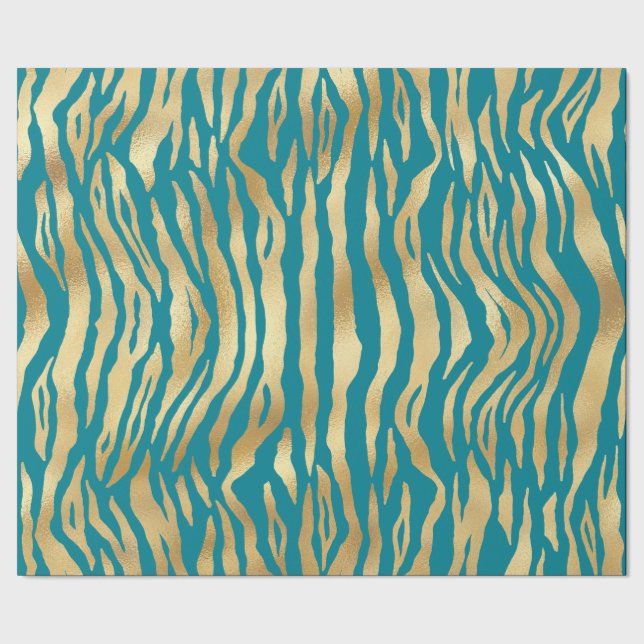 Modern Teal Gold Shimmer Tiger Stripes Birthday Wrapping Paper (Seam)
