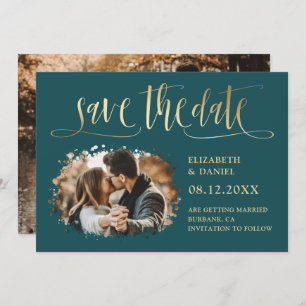 Modern Teal Gold Wedding Photo Save The Date