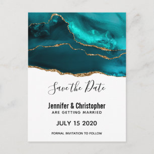 Modern Teal Gold & White Agate Save the Date Invitation Postcard