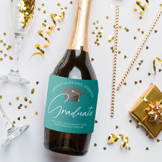 Modern Teal Graduate Custom Graduation Party Sparkling Wine Label (Creator Uploaded)