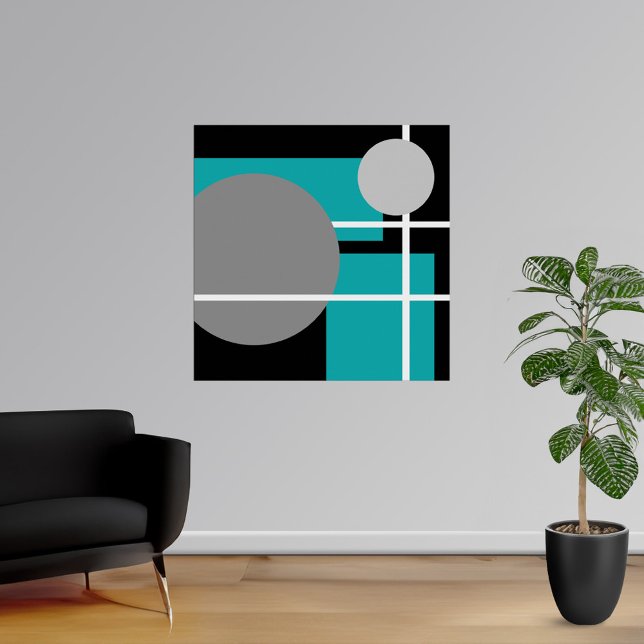 Modern Teal Gray Black White Poster (Modern Teal Gray Black White Poster at Modern Shapes Canvas. Choose your size.)