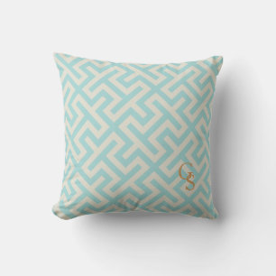 Modern teal greek key geometric patterns monogram cushion