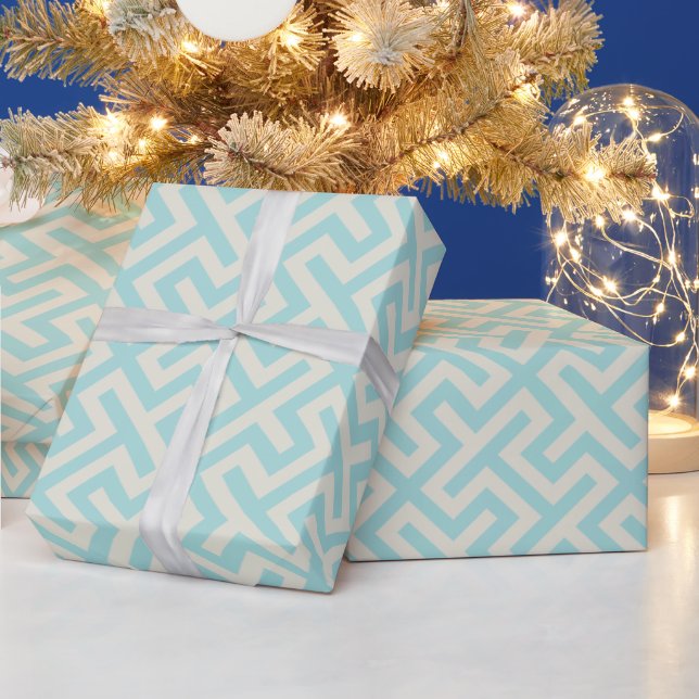 Modern teal greek key geometric patterns monogram wrapping paper (Holidays)
