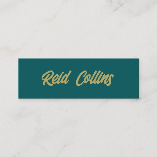  Modern Teal Green and Gold Bold Script Mini Business Card (Front)