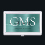 Modern Teal Green Brushed Metal 3 Monogram Script Business Card Holder<br><div class="desc">Modern Elegant Teal Green Brushed Metal Monogram Script Business Card Case</div>